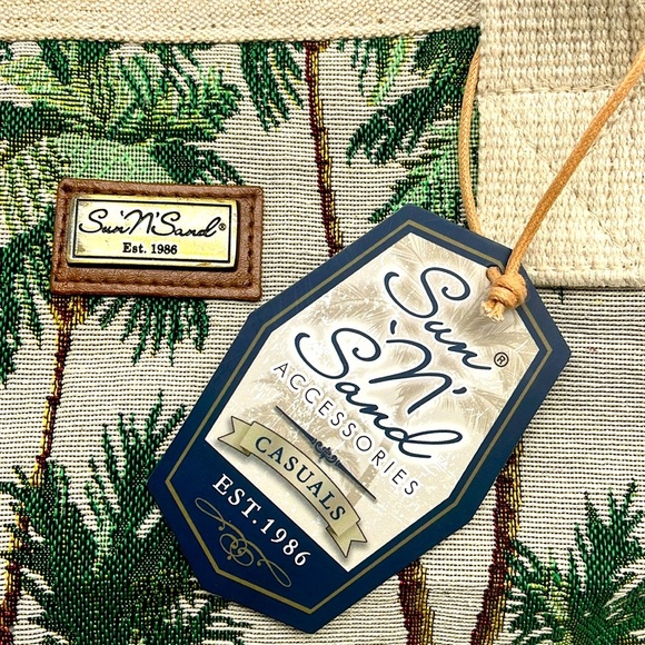 NWT Sun N Sand Beach Bag Cotton Zipped Top Palm Tree Print Pocketbook Tote Bag - Picture 2 of 16